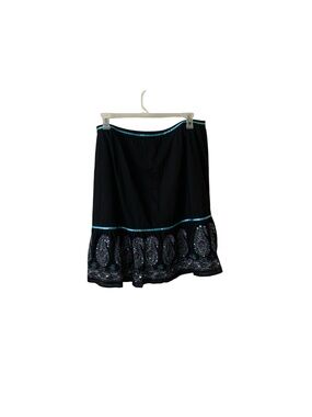 Venezia Black A-Line midi Skirt with Teal Accents and decorative hem